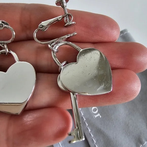 Christian Dior by John Galliano heart-key padlock crystal earrings ear clips - Picture 8 of 11